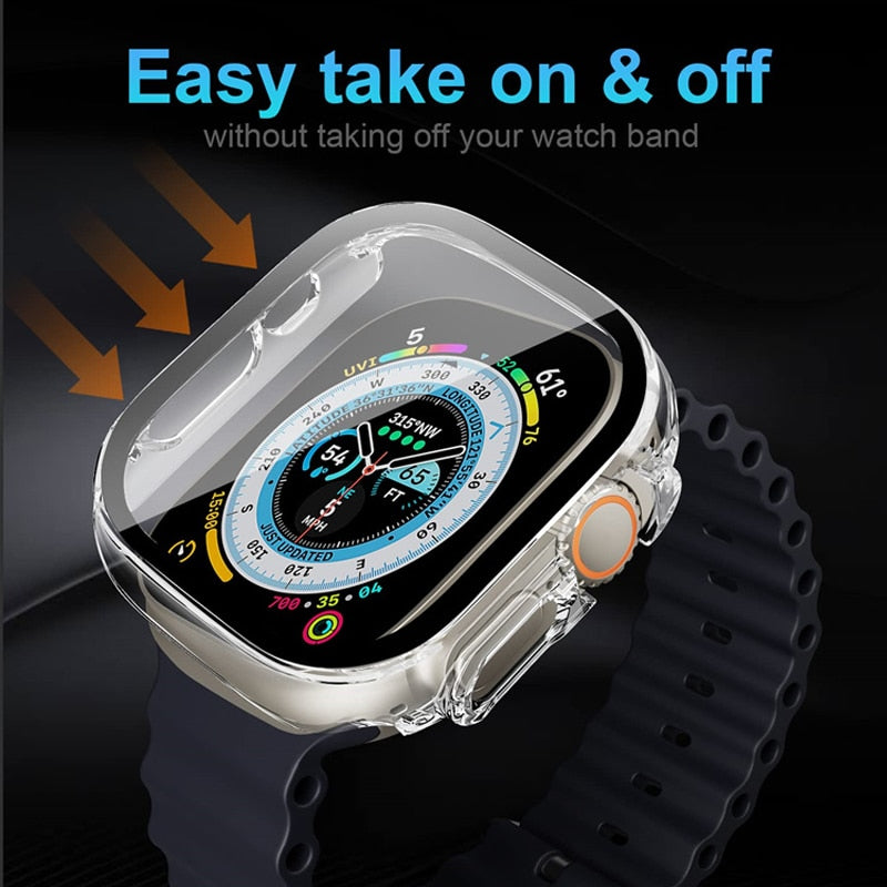 Apple Watch with Ultra 49mm Glass Case attached to an iWatch series band for a personalized touch easy take on & off