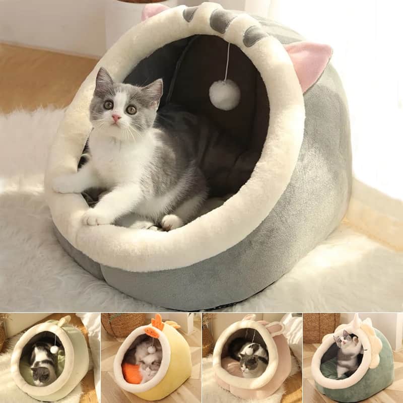 Cat house with warm basket for cozy deep sleep